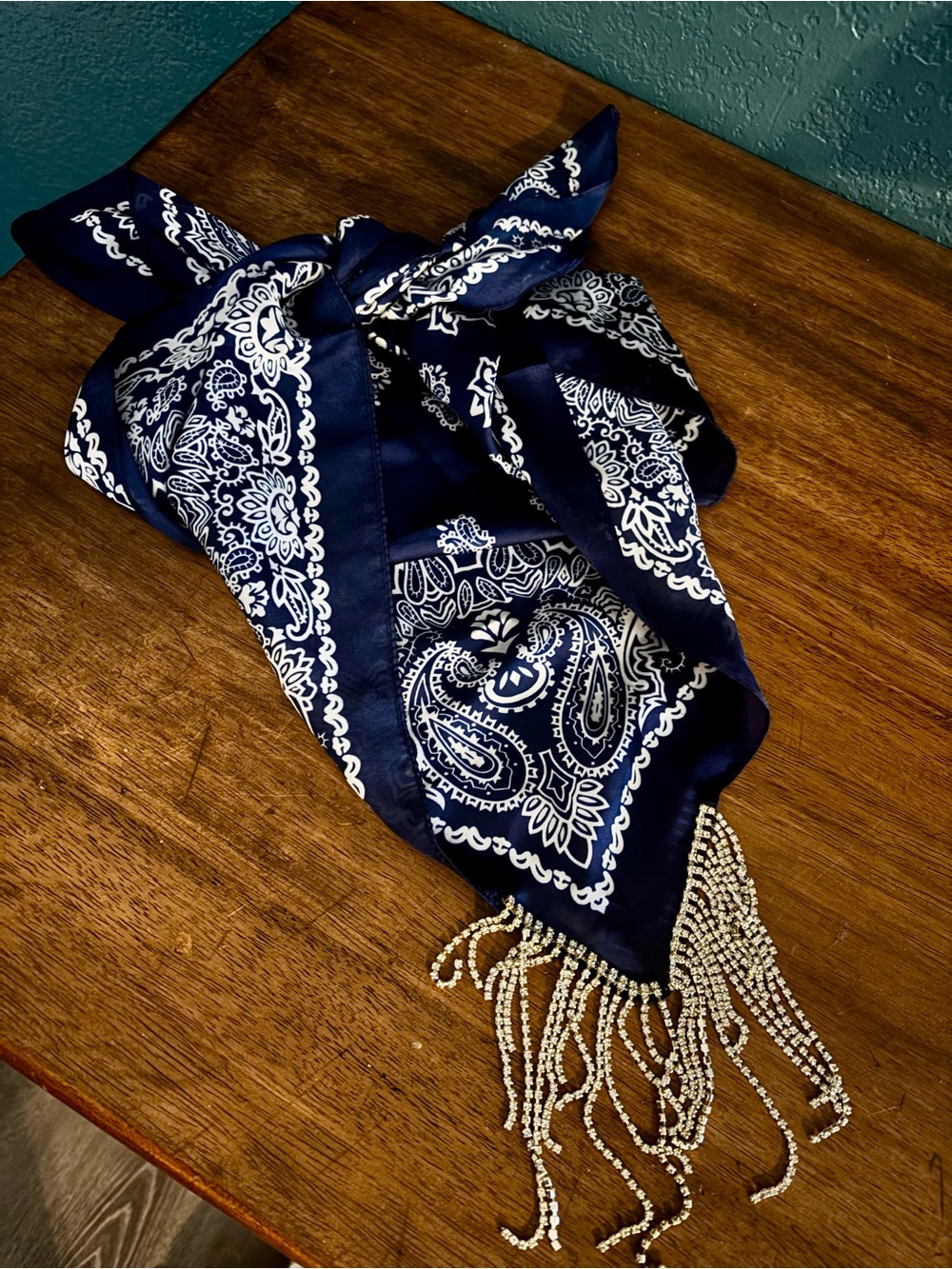 Navy Paisley Bandana Scarf with Rhinestone Fringe- Worn Once